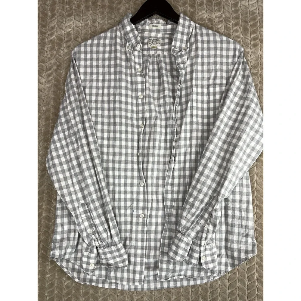 J. Crew Button Down Mens L Gray Gingham Secret Wash Stretch AA265